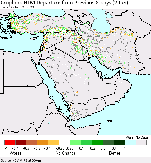 Middle East and Turkey Cropland NDVI Departure from Previous 8-days (VIIRS) Thematic Map For 2/18/2023 - 2/25/2023