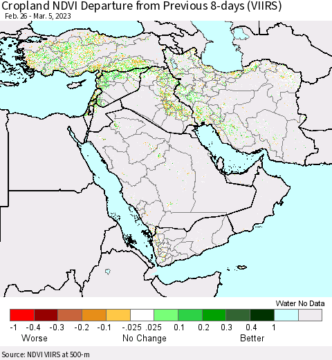Middle East and Turkey Cropland NDVI Departure from Previous 8-days (VIIRS) Thematic Map For 2/26/2023 - 3/5/2023