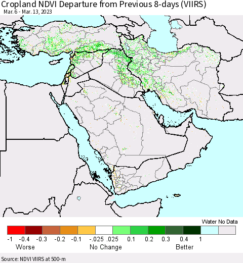 Middle East and Turkey Cropland NDVI Departure from Previous 8-days (VIIRS) Thematic Map For 3/6/2023 - 3/13/2023