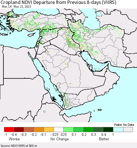 Middle East and Turkey Cropland NDVI Departure from Previous 8-days (VIIRS) Thematic Map For 3/14/2023 - 3/21/2023