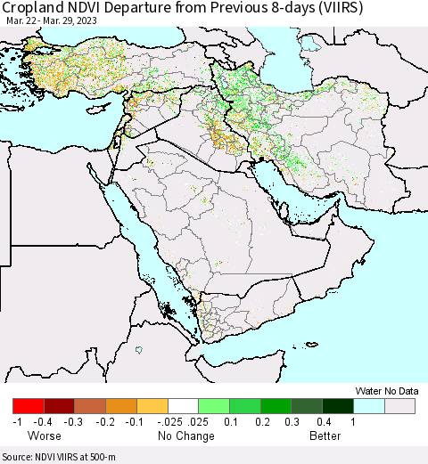 Middle East and Turkey Cropland NDVI Departure from Previous 8-days (VIIRS) Thematic Map For 3/22/2023 - 3/29/2023