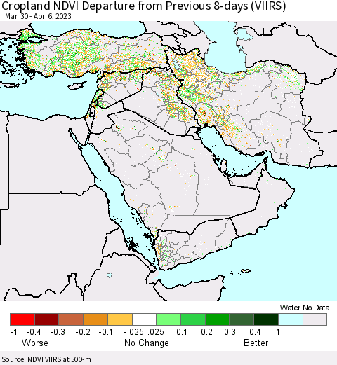 Middle East and Turkey Cropland NDVI Departure from Previous 8-days (VIIRS) Thematic Map For 3/30/2023 - 4/6/2023