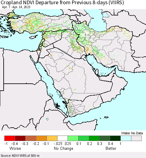 Middle East and Turkey Cropland NDVI Departure from Previous 8-days (VIIRS) Thematic Map For 4/7/2023 - 4/14/2023