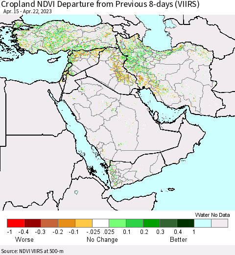 Middle East and Turkey Cropland NDVI Departure from Previous 8-days (VIIRS) Thematic Map For 4/15/2023 - 4/22/2023