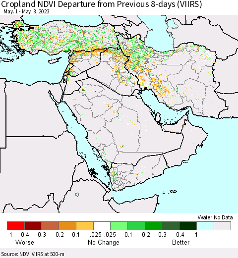 Middle East and Turkey Cropland NDVI Departure from Previous 8-days (VIIRS) Thematic Map For 5/1/2023 - 5/8/2023