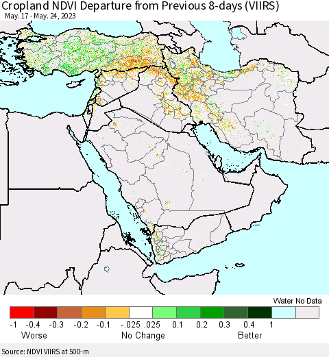Middle East and Turkey Cropland NDVI Departure from Previous 8-days (VIIRS) Thematic Map For 5/17/2023 - 5/24/2023