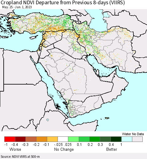 Middle East and Turkey Cropland NDVI Departure from Previous 8-days (VIIRS) Thematic Map For 5/25/2023 - 6/1/2023