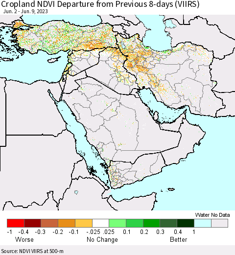 Middle East and Turkey Cropland NDVI Departure from Previous 8-days (VIIRS) Thematic Map For 6/2/2023 - 6/9/2023