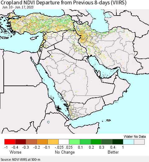 Middle East and Turkey Cropland NDVI Departure from Previous 8-days (VIIRS) Thematic Map For 6/10/2023 - 6/17/2023