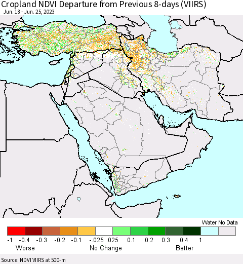 Middle East and Turkey Cropland NDVI Departure from Previous 8-days (VIIRS) Thematic Map For 6/18/2023 - 6/25/2023