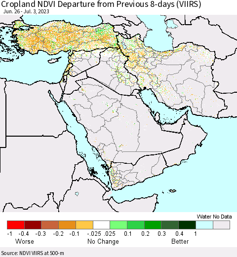Middle East and Turkey Cropland NDVI Departure from Previous 8-days (VIIRS) Thematic Map For 6/26/2023 - 7/3/2023
