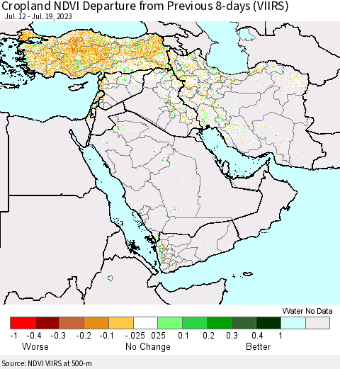 Middle East and Turkey Cropland NDVI Departure from Previous 8-days (VIIRS) Thematic Map For 7/12/2023 - 7/19/2023