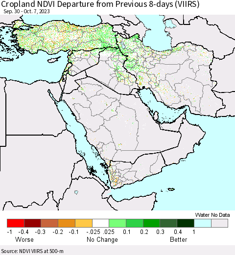 Middle East and Turkey Cropland NDVI Departure from Previous 8-days (VIIRS) Thematic Map For 9/30/2023 - 10/7/2023