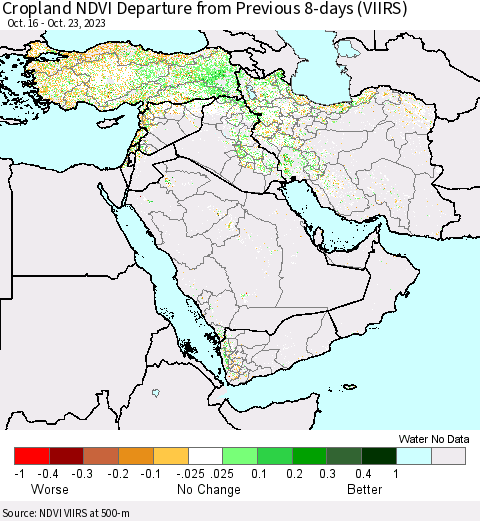 Middle East and Turkey Cropland NDVI Departure from Previous 8-days (VIIRS) Thematic Map For 10/16/2023 - 10/23/2023