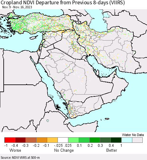 Middle East and Turkey Cropland NDVI Departure from Previous 8-days (VIIRS) Thematic Map For 11/9/2023 - 11/16/2023