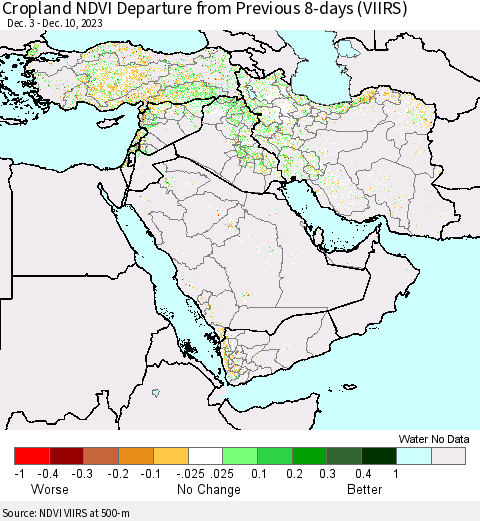 Middle East and Turkey Cropland NDVI Departure from Previous 8-days (VIIRS) Thematic Map For 12/3/2023 - 12/10/2023