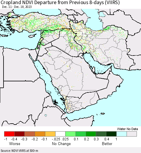 Middle East and Turkey Cropland NDVI Departure from Previous 8-days (VIIRS) Thematic Map For 12/11/2023 - 12/18/2023