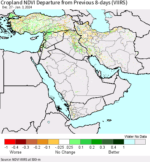 Middle East and Turkey Cropland NDVI Departure from Previous 8-days (VIIRS) Thematic Map For 12/27/2023 - 1/3/2024