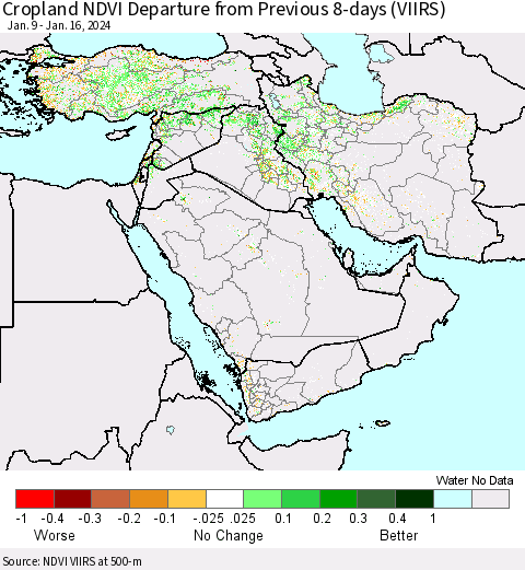 Middle East and Turkey Cropland NDVI Departure from Previous 8-days (VIIRS) Thematic Map For 1/9/2024 - 1/16/2024