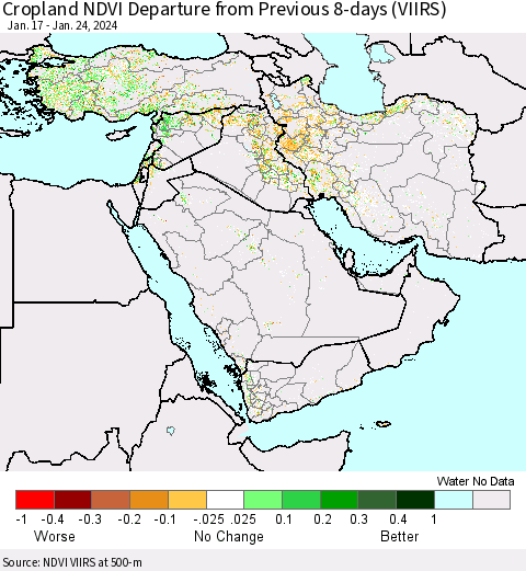 Middle East and Turkey Cropland NDVI Departure from Previous 8-days (VIIRS) Thematic Map For 1/17/2024 - 1/24/2024