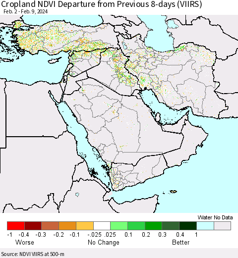 Middle East and Turkey Cropland NDVI Departure from Previous 8-days (VIIRS) Thematic Map For 2/2/2024 - 2/9/2024