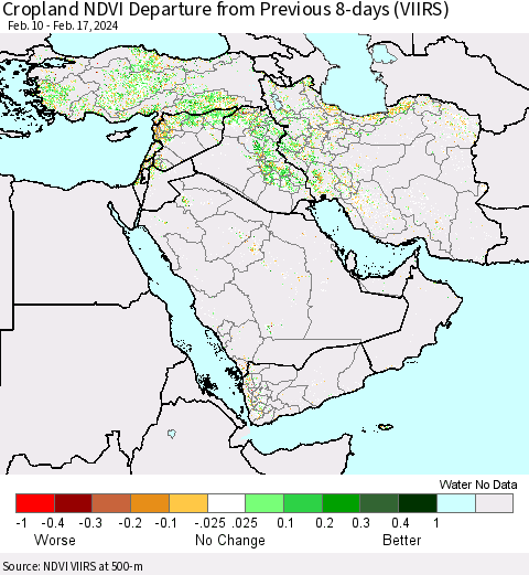 Middle East and Turkey Cropland NDVI Departure from Previous 8-days (VIIRS) Thematic Map For 2/10/2024 - 2/17/2024