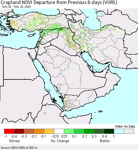 Middle East and Turkey Cropland NDVI Departure from Previous 8-days (VIIRS) Thematic Map For 2/18/2024 - 2/25/2024