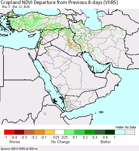 Middle East and Turkey Cropland NDVI Departure from Previous 8-days (VIIRS) Thematic Map For 3/5/2024 - 3/12/2024