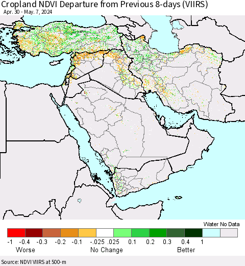 Middle East and Turkey Cropland NDVI Departure from Previous 8-days (VIIRS) Thematic Map For 4/30/2024 - 5/7/2024