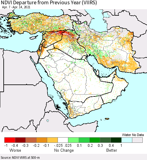 Middle East and Turkey NDVI Departure from Previous Year (VIIRS) Thematic Map For 4/7/2021 - 4/14/2021