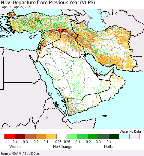 Middle East and Turkey NDVI Departure from Previous Year (VIIRS) Thematic Map For 4/15/2021 - 4/22/2021