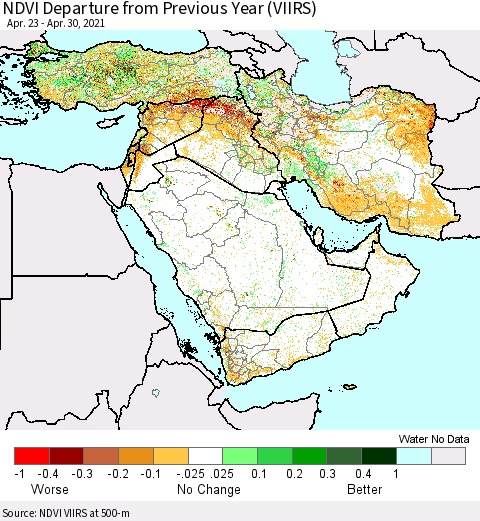 Middle East and Turkey NDVI Departure from Previous Year (VIIRS) Thematic Map For 4/23/2021 - 4/30/2021