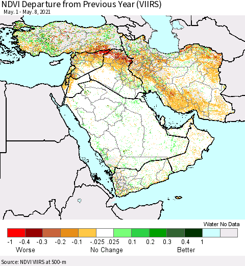 Middle East and Turkey NDVI Departure from Previous Year (VIIRS) Thematic Map For 5/1/2021 - 5/8/2021