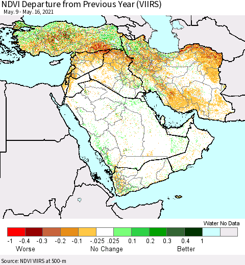 Middle East and Turkey NDVI Departure from Previous Year (VIIRS) Thematic Map For 5/9/2021 - 5/16/2021