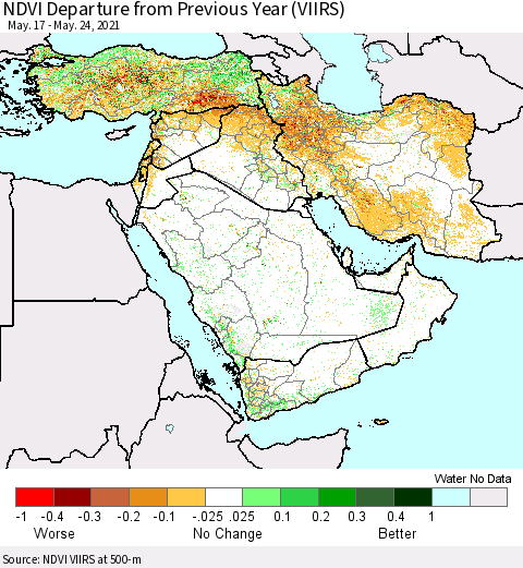 Middle East and Turkey NDVI Departure from Previous Year (VIIRS) Thematic Map For 5/17/2021 - 5/24/2021