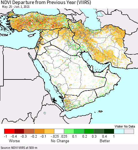 Middle East and Turkey NDVI Departure from Previous Year (VIIRS) Thematic Map For 5/25/2021 - 6/1/2021