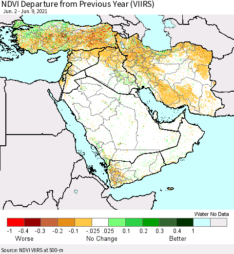 Middle East and Turkey NDVI Departure from Previous Year (VIIRS) Thematic Map For 6/2/2021 - 6/9/2021