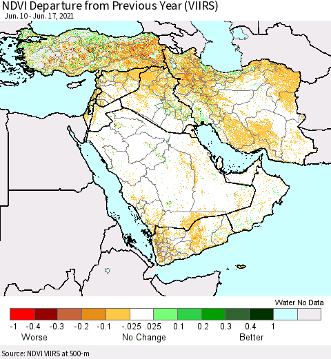 Middle East and Turkey NDVI Departure from Previous Year (VIIRS) Thematic Map For 6/10/2021 - 6/17/2021