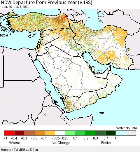 Middle East and Turkey NDVI Departure from Previous Year (VIIRS) Thematic Map For 6/26/2021 - 7/3/2021