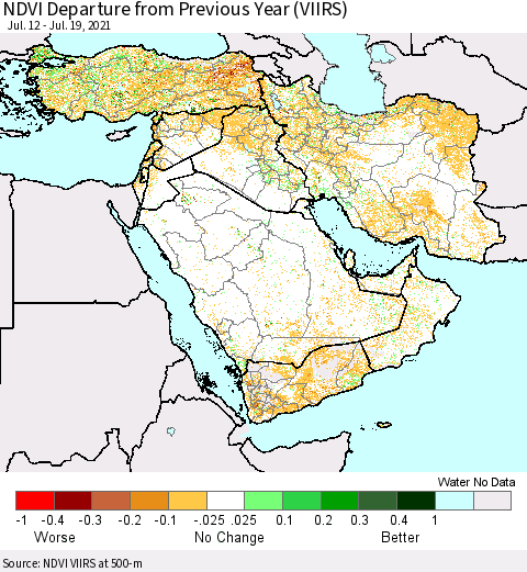 Middle East and Turkey NDVI Departure from Previous Year (VIIRS) Thematic Map For 7/12/2021 - 7/19/2021