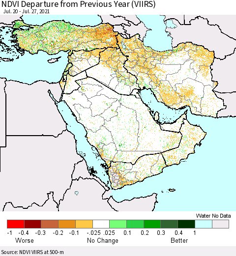 Middle East and Turkey NDVI Departure from Previous Year (VIIRS) Thematic Map For 7/20/2021 - 7/27/2021