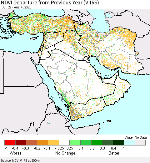 Middle East and Turkey NDVI Departure from Previous Year (VIIRS) Thematic Map For 7/28/2021 - 8/4/2021