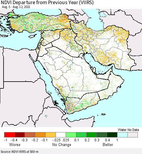 Middle East and Turkey NDVI Departure from Previous Year (VIIRS) Thematic Map For 8/5/2021 - 8/12/2021