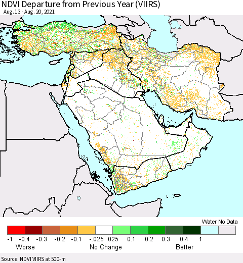 Middle East and Turkey NDVI Departure from Previous Year (VIIRS) Thematic Map For 8/13/2021 - 8/20/2021