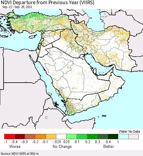 Middle East and Turkey NDVI Departure from Previous Year (VIIRS) Thematic Map For 9/22/2021 - 9/29/2021