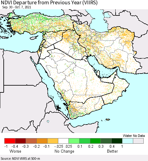 Middle East and Turkey NDVI Departure from Previous Year (VIIRS) Thematic Map For 9/30/2021 - 10/7/2021