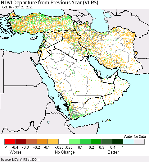 Middle East and Turkey NDVI Departure from Previous Year (VIIRS) Thematic Map For 10/16/2021 - 10/23/2021