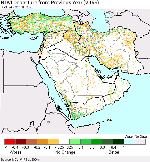 Middle East and Turkey NDVI Departure from Previous Year (VIIRS) Thematic Map For 10/24/2021 - 10/31/2021