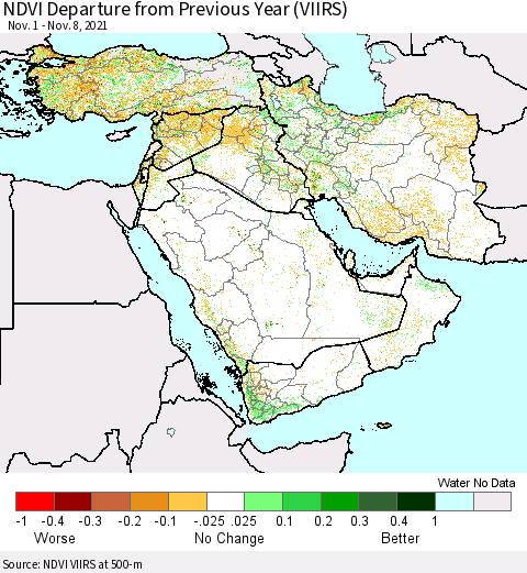 Middle East and Turkey NDVI Departure from Previous Year (VIIRS) Thematic Map For 11/1/2021 - 11/8/2021