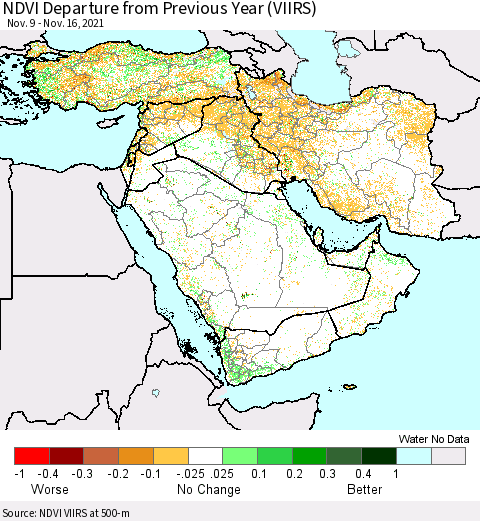 Middle East and Turkey NDVI Departure from Previous Year (VIIRS) Thematic Map For 11/9/2021 - 11/16/2021